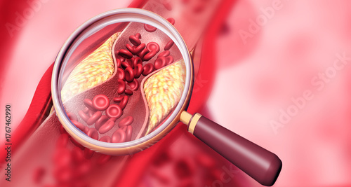 Magnifying glass with clogged arteries. 3d illustration