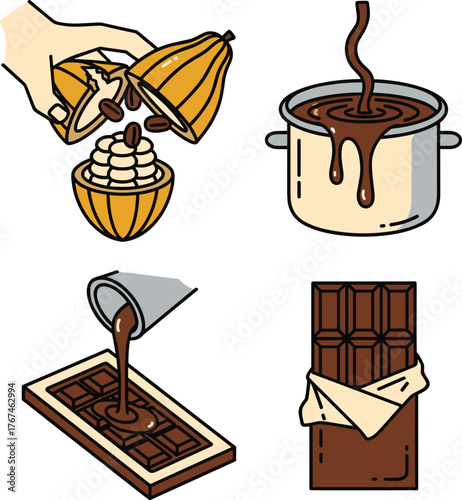 Chocolate Making Process Icon Set. Cocoa Bean to Bar Illustration. Artisan Confectionery Manufacturing Vector