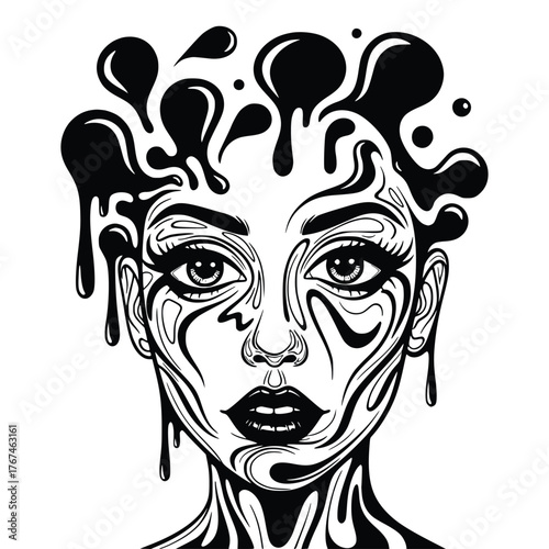 Abstract portrait of a woman with black paint dripping, isolated on white background