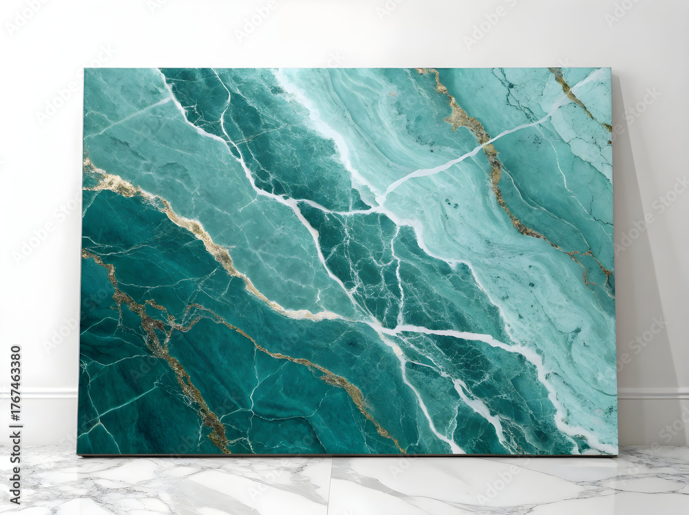 Fototapeta premium Luxurious teal and turquoise marble texture featuring flowing white and sparkling gold metallic veins