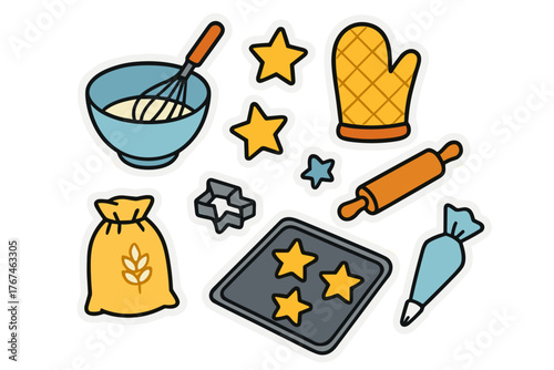 Baking tools and ingredients for making cookies concept of set of stickers  