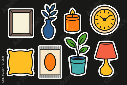Set of colorful stickers featuring home decor items and accessories  