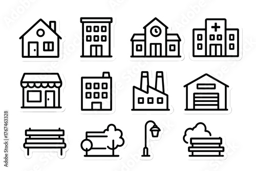 Set of urban building icons and cityscape elements in line art style  