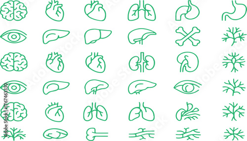 Chemistry and Medical Science Outline Icon Set. Minimalist Line Vector Symbols for Laboratory Research and Diagnostics.