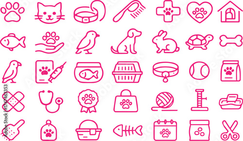 Pet Care, Veterinary Medicine and Animal Accessories Line Icons. Minimalist Vector Symbols for Grooming, Health, and Supplies.