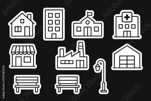 Set of urban building stickers on black background  