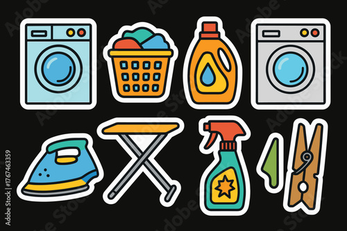 Washing and cleaning supplies sticker set with colorful designs  