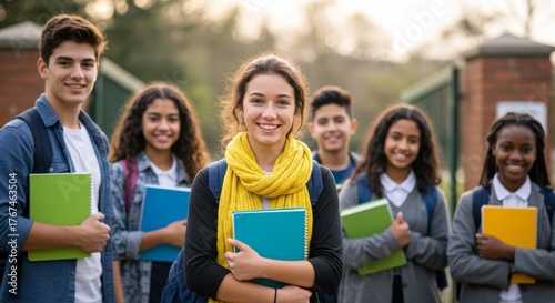 Smiling Students and Books: Group of diverse high school students, beaming with smiles and holding their colorful books, stand confidently outdoors, representing the essence of education, aspiration.