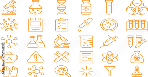 Scientific Research and Laboratory Testing Outline Icons. Vector Set of Thin Line Symbols for Chemistry, Virology, and Biotechnology.