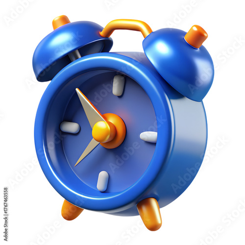 Modern 3D Blue Alarm Clock with Vibrant Orange Bells for Wake-up Call