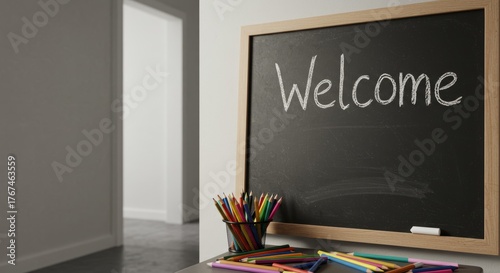 A Warm Welcome: A welcoming message adorns a chalkboard, complemented by colorful pencils, inviting viewers to explore a space filled with creativity and knowledge.