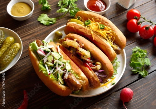 Hot dogs loaded with assorted toppings on wooden table