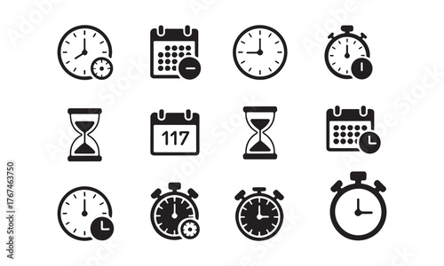 Set of twelve time and schedule icons isolated on white background in black color