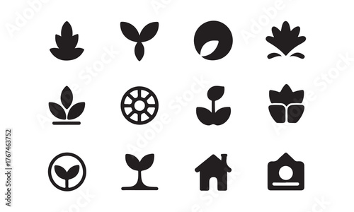 Collection of twelve different plant and nature icons isolated on white background