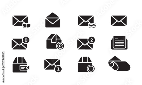 Collection of twelve different email and message icons isolated on white background