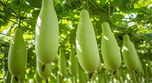 Lagenaria Siceraria Gourds Growing on a Vine in a Field