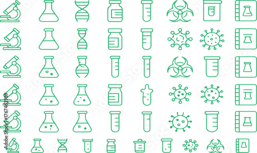Scientific and Medical Laboratory Equipment Outline Icons. Minimalist Line Vector Collection for Research, DNA, and Virology Concepts.