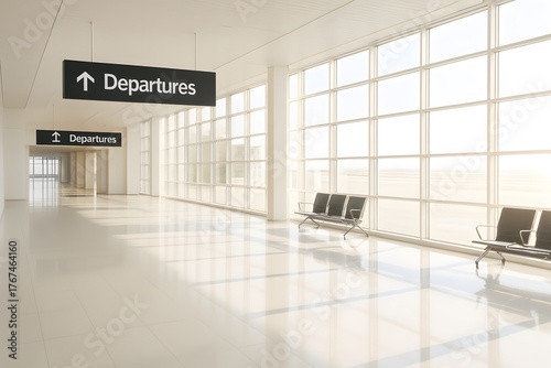 Modern Airport Terminal: Spacious Departure Lounge with Minimalist Design, Large Windows, and Natural Light for Comfortable Air Travel Experience