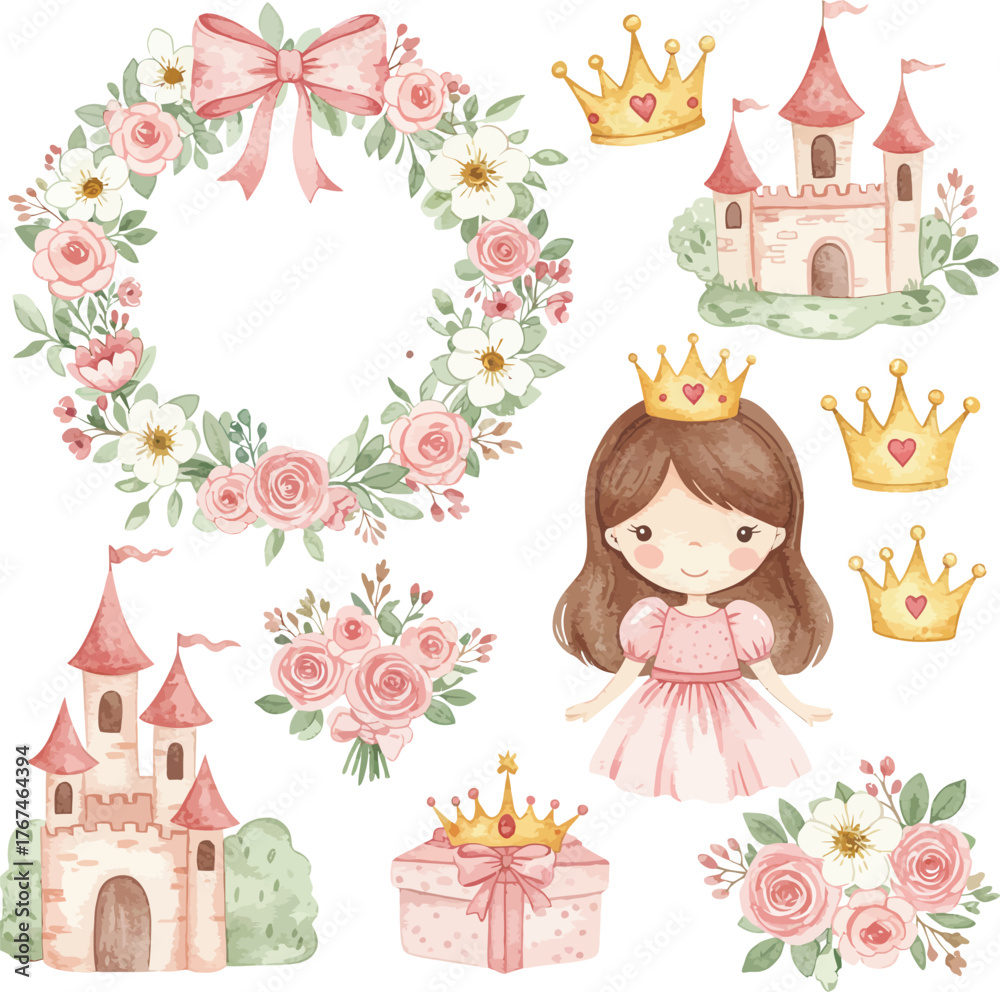 Naklejka premium Charming watercolor princess elements including castle wreath crown gift box and girl