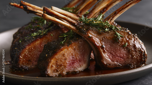 Close-up of sliced rack of lamb cooked medium-rare with caramelized crust, fresh herbs, and glossy sauce. Ideal for gourmet cuisine, food styling, or editorial culinary themes.