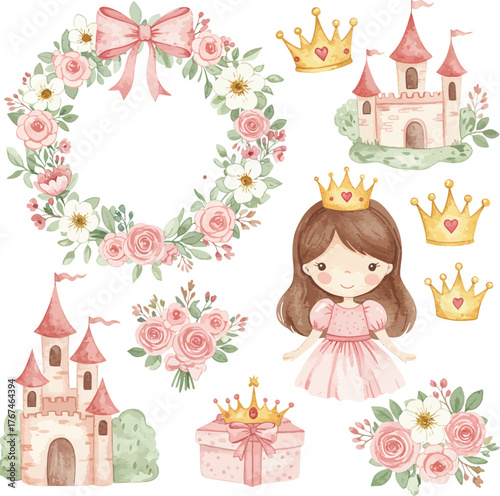 Charming watercolor princess elements including castle wreath crown gift box and girl