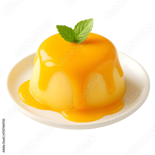 Mango or fruit pudding topped with mint and drizzled with sauce on a white plate, 3D rendered cartoon style.