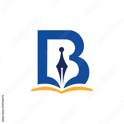 Elegant blue letter b logo with fountain pen and open book