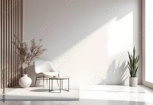 Modern minimalist living room interior with natural light and simple decor