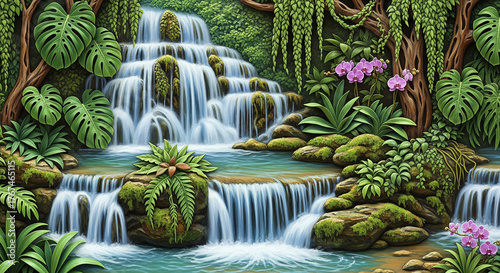 Cascading Waterfall 3D Relief Wallpaper with Tropical Plants. 3D Wall Mural. Luxurious textile tile wall art