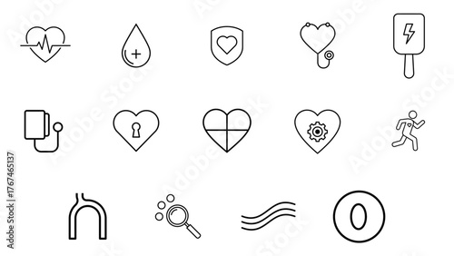 Cardiology Medical Line Icons Set — Heart Health, Circulatory System, Blood Pressure, ECG, Fitness