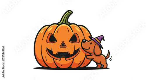 Festive halloween illustration with pumpkin and charming dog wearing witch hat ready for spooky