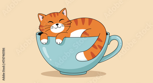 Cozy cartoon depiction of a cute orange tabby cat napping peacefully inside a large blue teacup