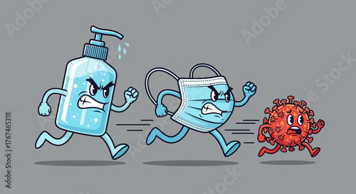 Cartoon Antagonists: Hand Sanitizer and Mask in a Pursuit against Virus Illustration