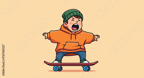 Skateboarding with Enthusiasm: A Young Boy's Joyful Cartoon Illustration of Motion