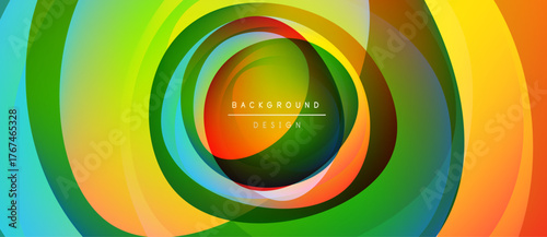 Abstract colorful layers create dynamic circular pattern. Vibrant hues blend, forming modern background design. Smooth gradients dominate composition.
