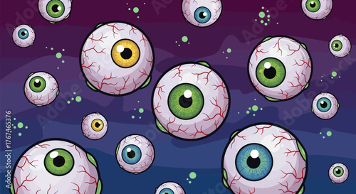 Cartoon Eyeballs Floating in Abstract Space with Unique Color Variations and Vein Details