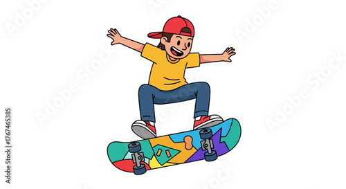 Cartoon boy skating, an energetic illustration showcasing youthfulness and skateboarding fun, a