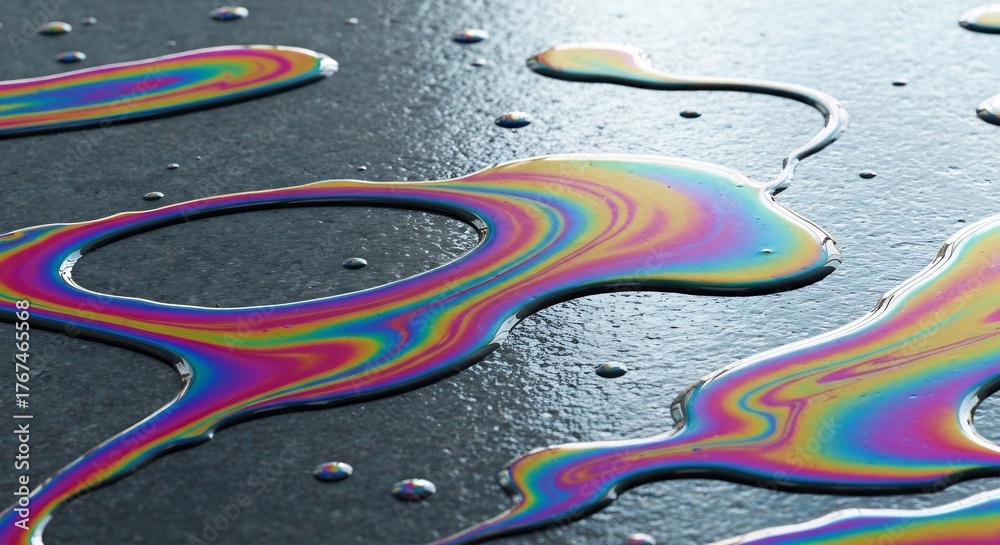 Fototapeta premium Colorful oil puddles on asphalt creating a rainbow sheen with multiple shapes and sizes on the gray surface