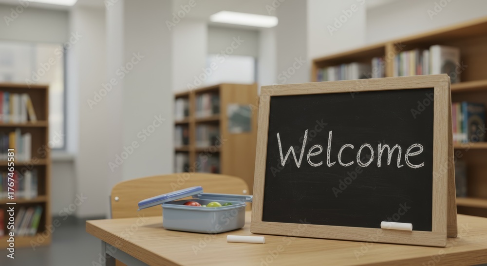 Fototapeta premium Welcome Blackboard in the Library: A welcoming message adorns a blackboard set on a desk in a spacious library setting, inviting viewers to explore knowledge and learning
