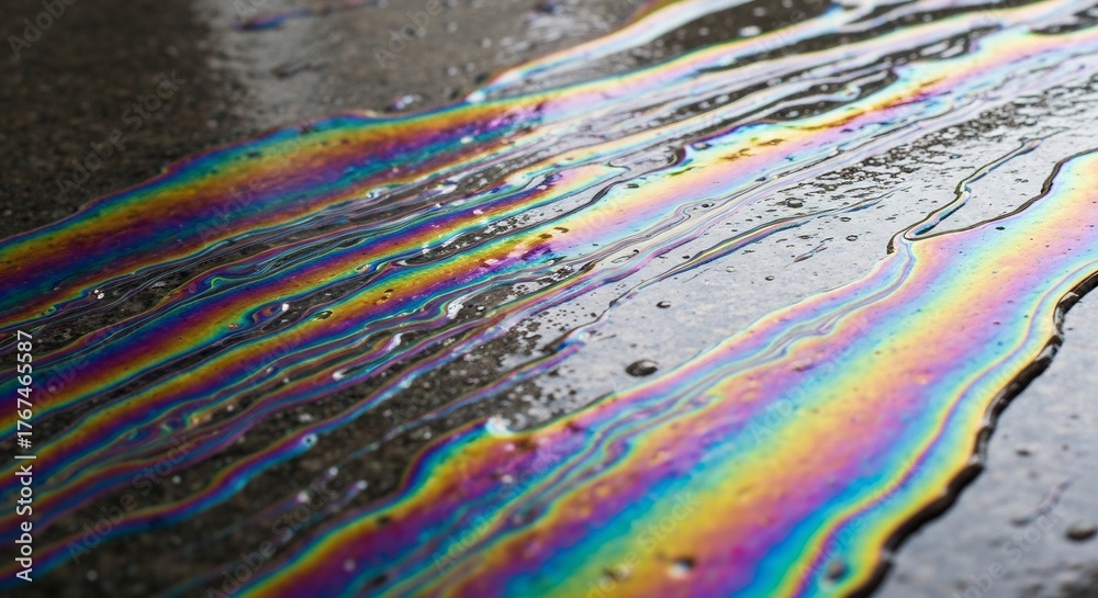 Fototapeta premium Colorful sheen of oil spill on wet pavement rainbow effect