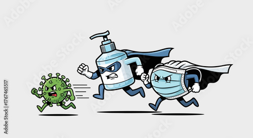 Superhero sanitary duo chasing virus cartoon character to promote hygiene awareness