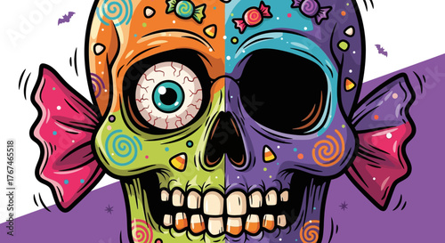 Vibrant calavera illustration with confectionery motifs for di?a de muertos decorations