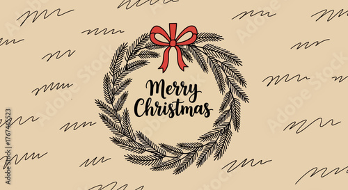 Handcrafted merry christmas wreath with festive background for greeting card design