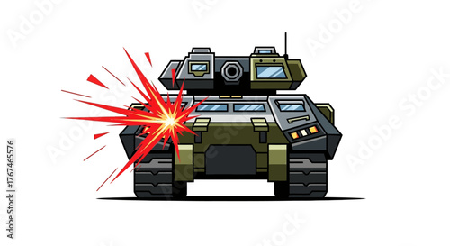 Cartoon armored tank hit by projectile displaying battle damage and visual effects