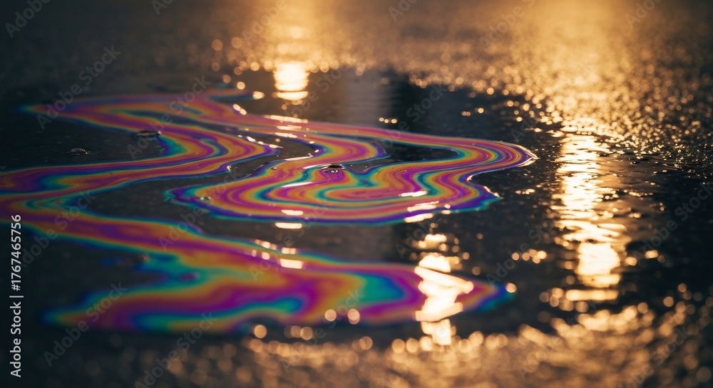 Fototapeta premium Iridescent oil slick on wet pavement reflects blurred golden light
