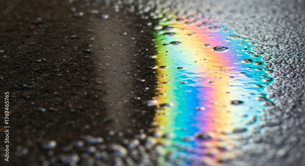 Fototapeta premium Iridescent liquid spill reflects vibrant colors on textured asphalt creating an oilslick rainbow effect