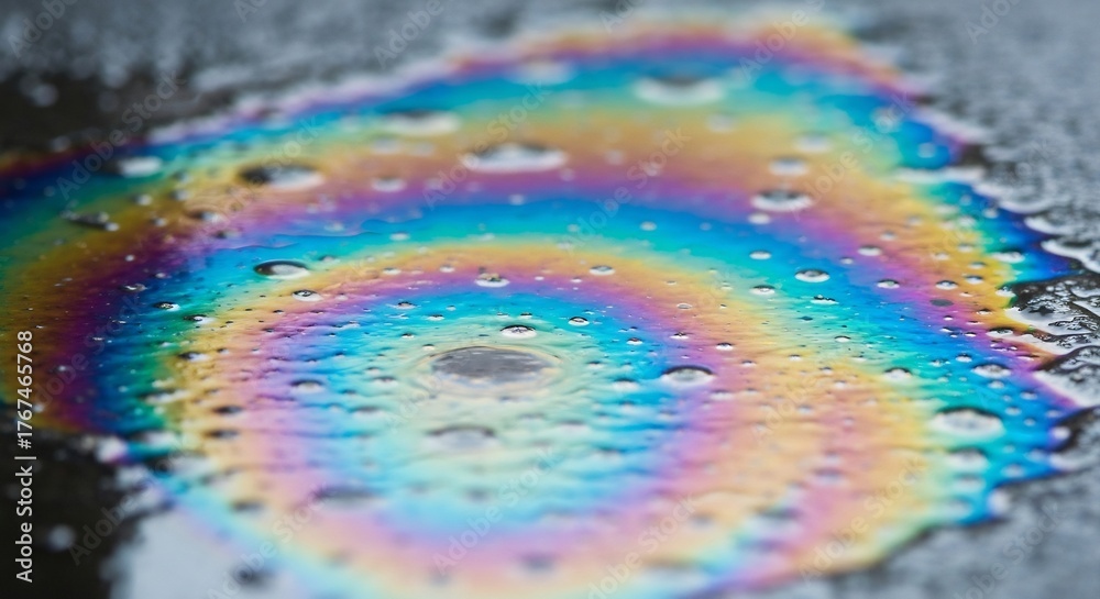 Fototapeta premium Iridescent oil slick with water droplets on dark pavement displays spectral colors