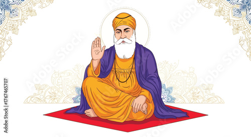 Guru Nanak Dev Ji meditating, illustration for Sikhism founder and first of ten Sikh gurus,