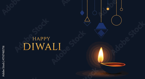Elegant diwali celebration background with oil lamp and geometric ornamentation on dark blue