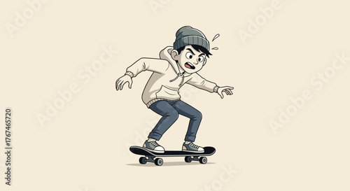 Skateboarder balancing precarious action with youthful determination on a skateboard, poised for